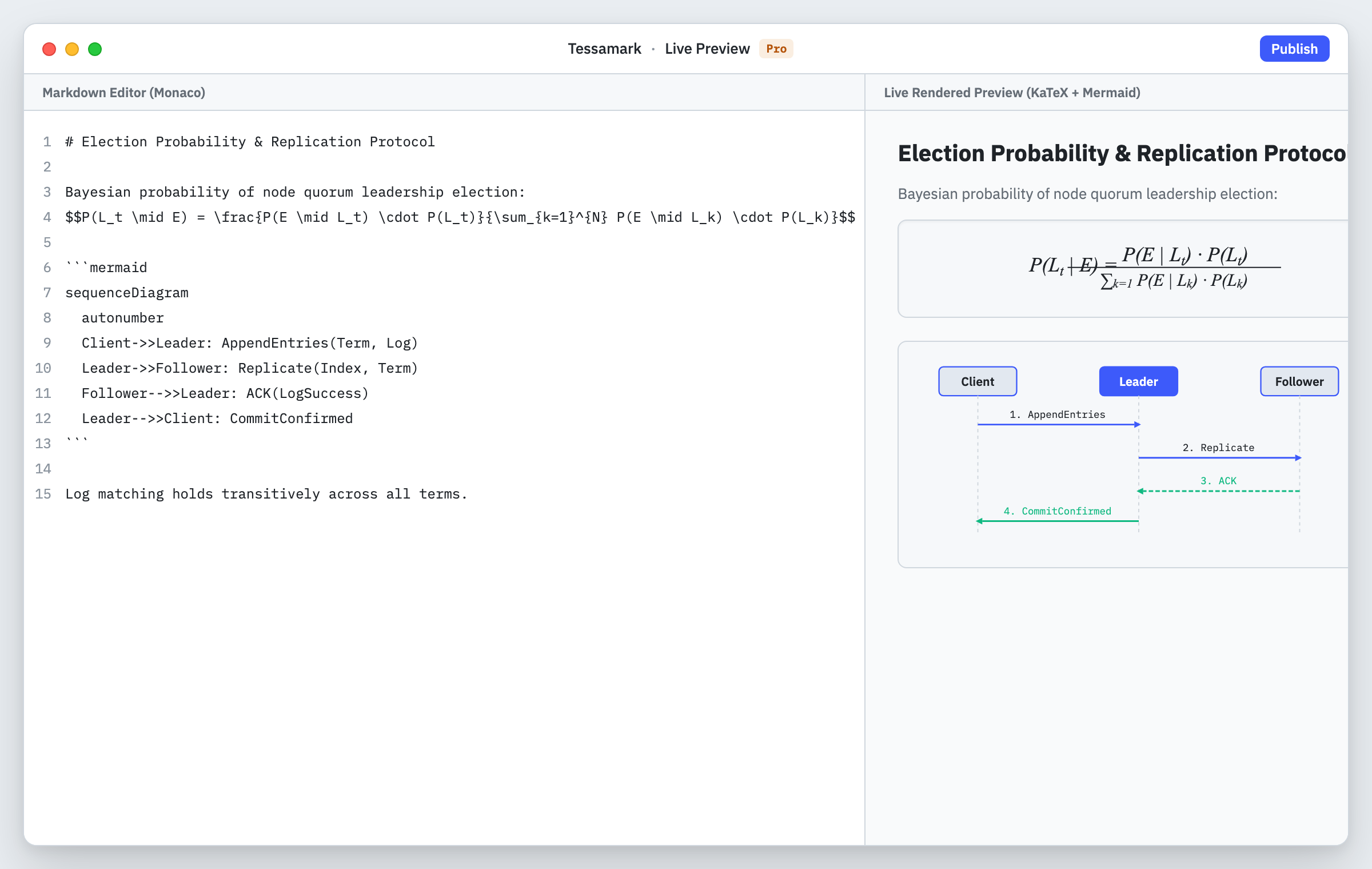 Live preview with LaTeX maths and Mermaid diagrams